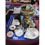 Brass Planter, loose cutlery, mother-of-pearl dish, barometer, an oak , tap measure, etc:- One Tray