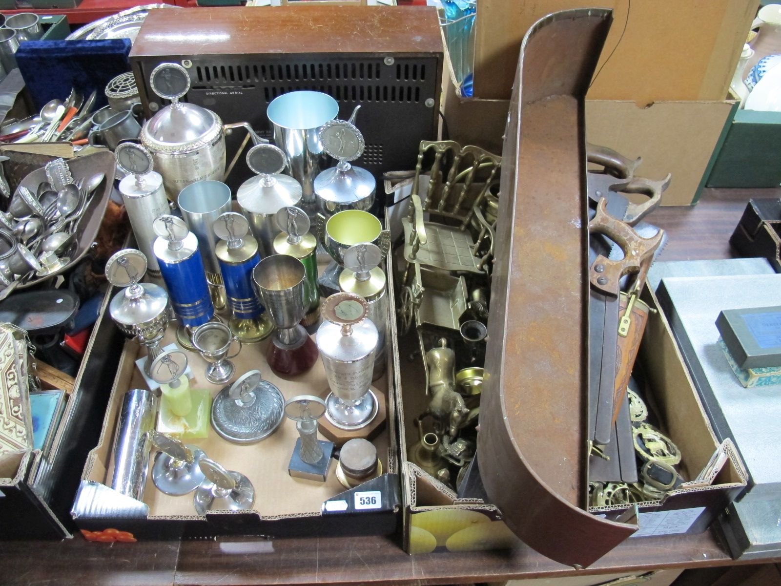 A Copper Fireguard, brass decorative wares including martingales, brasses, rocking chair, horse