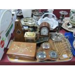 A Metronome, clocks, musical stein, plated candlestick, etc:- One Tray