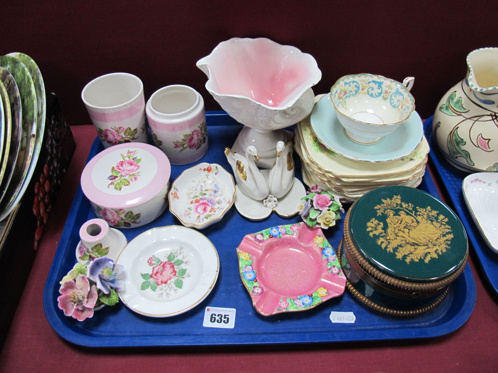 Portmeirion Rose Trinkets, Bristolia cornucopia bon bon dish, Florentine trinket box, etc:- One