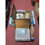 Artists Equipment, slope front drawing work box, oak storage case, wooden artist 12" mannequin,