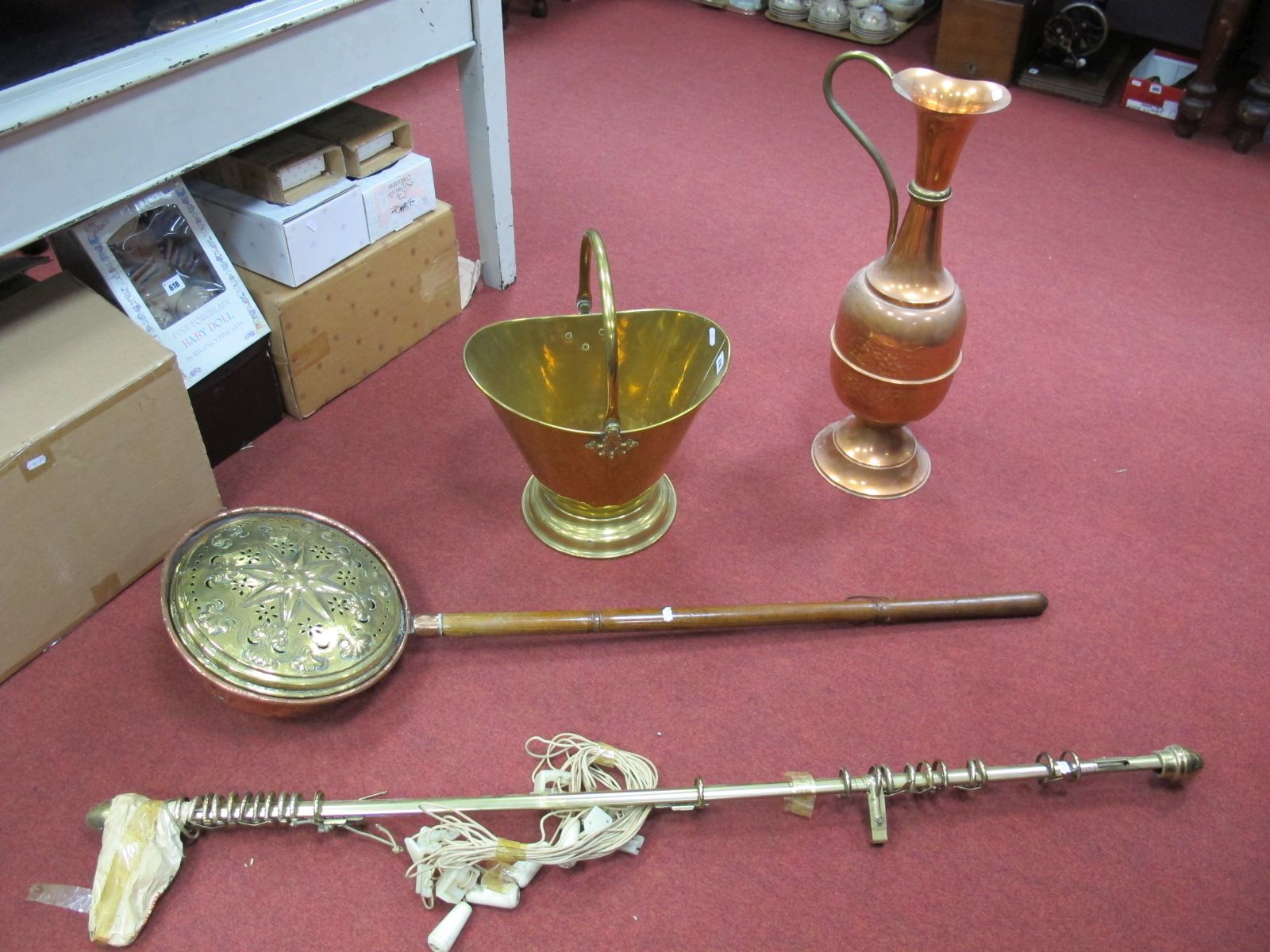 A XIX Century Copper Warming Pan, with pierced brass cover, copper ewer, brass log bucket, curtain