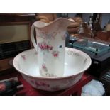 An Edwardian Blush Ivory and Floral Wash Jug and Bowl.