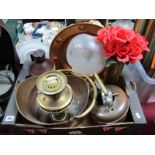 A Copper Coal Scuttle, copper kettle, brass shell case, stoneware jug, brass oil lamp, etc