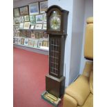 A Modern Reproduction Oak Grandmother Clock, brushed metal chapter ring, brass spandrels, three