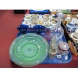 A Decanter, 1930's pressed glass fruit bowl, sucrier, pair of blue glass bon bon dishes, etc:- One