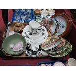 A Wedgwood Jasperware Bowl, trinket pots, pin dish in powder puce and green, Oriental scensor