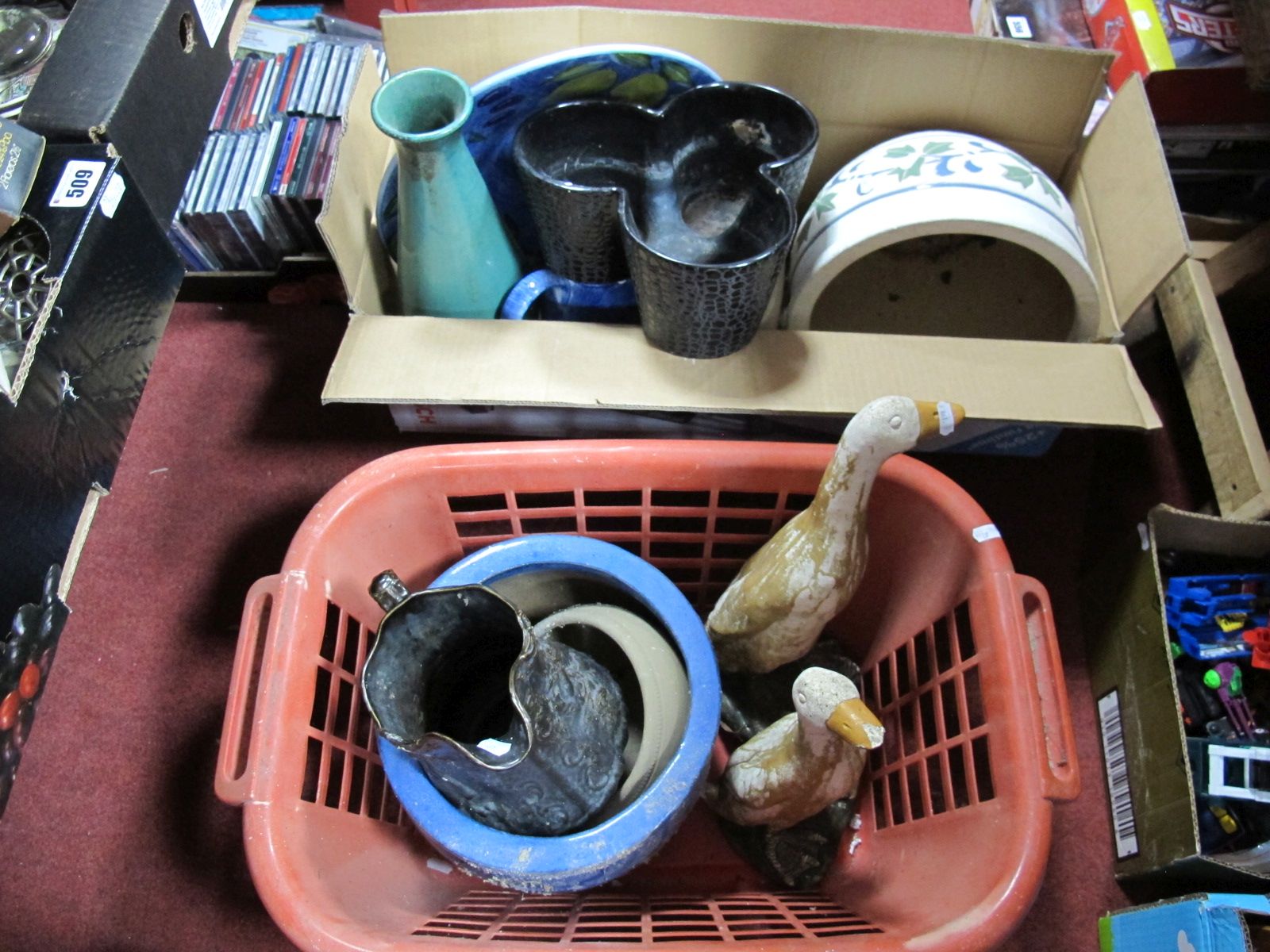 A M&S Wash Jug and Bowl, jardiniere, concrete ducks, etc:- Two Boxes