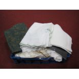 Vintage Linen and Damask Table Covers, lace collars, apron, tea cloths, etc:- One Box