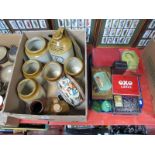 Advertising Storage Tins, tinplate 'Household Needs' sign, Radiance, Oxo, etc together with glazed