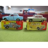 Two Original Dinky Diecast Cars, #139 Ford Consul Cortina, and #145 Singer Vogue, both models with