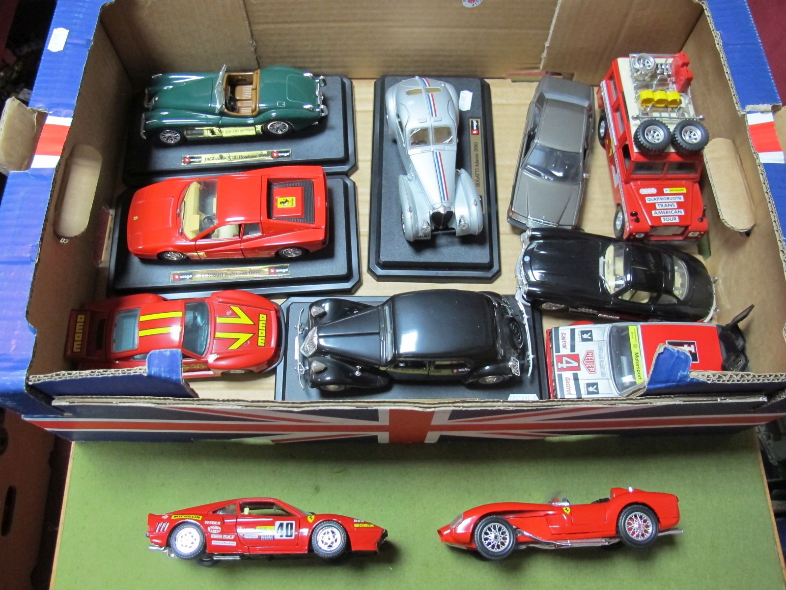 Eleven Diecast Cars by Burago, predominantly 1:24th scale including Bugatti Atlantic (1936), Ferrari