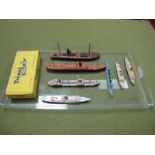 Seven Waterline Ships, predominantly 1:1200 scale diecast and wooden, including Tri-ang #M.721 Royal