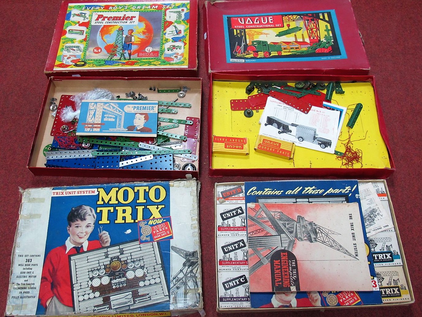 Three Boxed Mid XX Century Construction Sets, all along the lines of Meccano and unchecked for