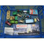 A Varied Accumulation of Playworn Corgi and Dinky Diecast Vehicles, including a Jeep, tractor, ERF