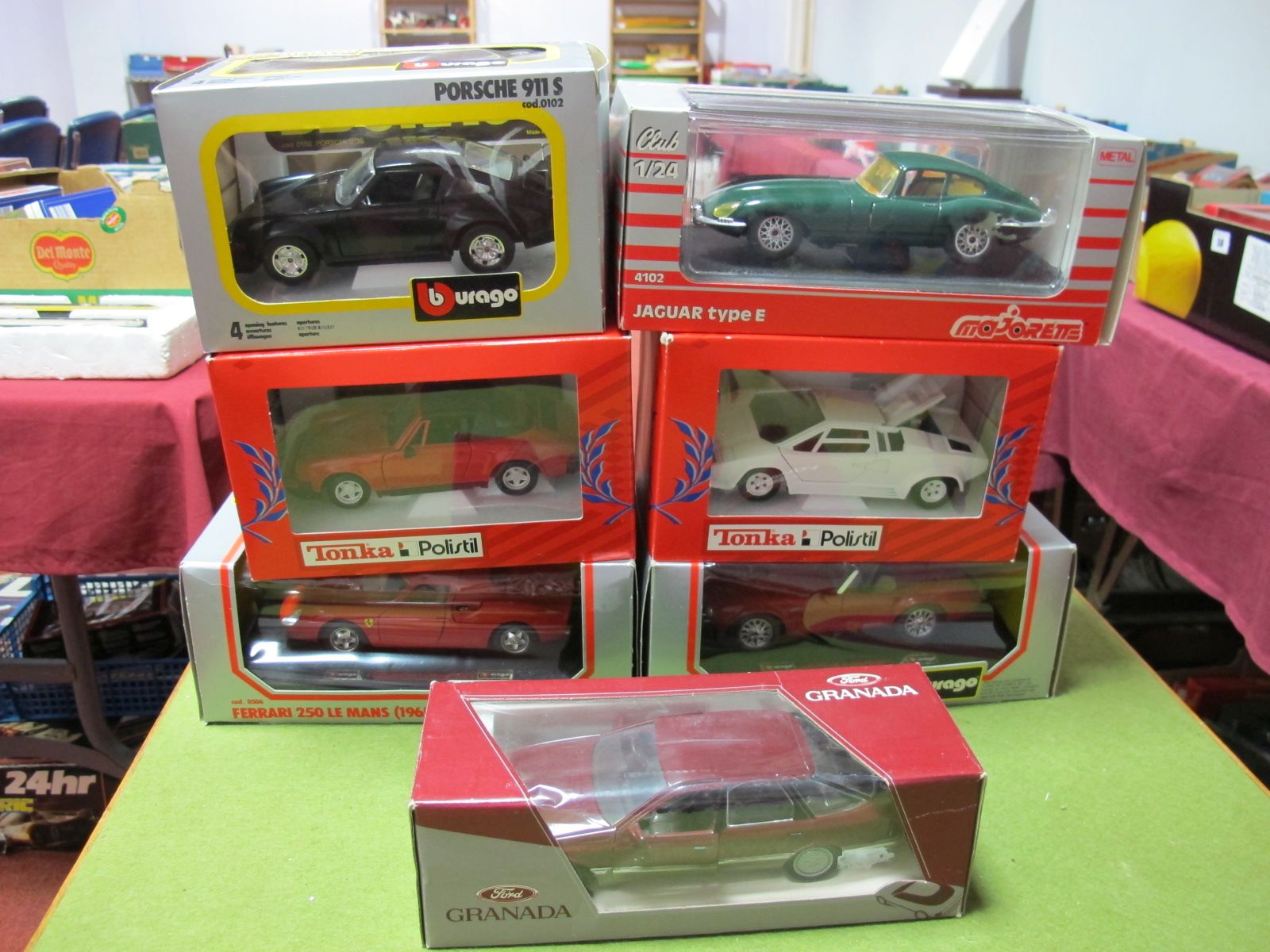 Seven Boxed 1:24th/1:25th Scale Diecast Cars by Burago, Majorette, Tonka Polistil, Schabak,