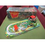 A Boxed Mid XX Century Marke Technofix Tinplate Clockwork Cable Car Diorama, missing car,