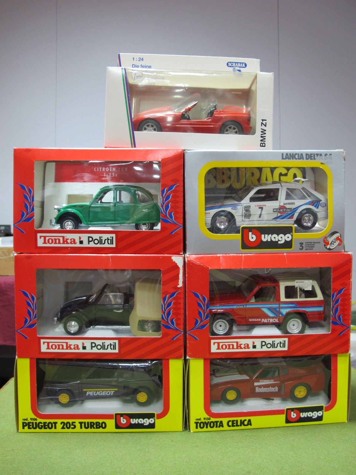 Seven 1:24th/1:25th Scale Diecast Vehicles by Schabak, Burago, Tonka, Polistil, including Schabak #