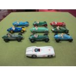 Ten Original Dinky, Crescent Racing Cars, including Connaught, Gordini, Bristol Cooper, all