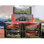 Five Boxed Burago 1:18th and 1:20th Scale Diecast Sports Cars, including #3039 Ferrari 348TO (1989),