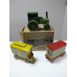 A 1950's Tinplate Caravan and Menagerie Set by Chad Valley, comprising a 'push a long' green