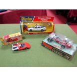 Three Boxed Dinky Diecast Model Cars, #264 Rover 3500 police car, with police slow sign and