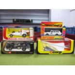 Three Original Window Boxed Corgi Die Cast Models, #154 black gold body, R.N. 1, black/red helmet,