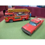 Two 1970 Japanese Tinplate Toys, a Fire Engine, 'Push N Go' with self raising ladder plus a Fire