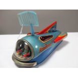 A Circa 1950's Japanese (Modern Toys) Tin Plate Battery Powered Atom Rocket 7, no corrosion in