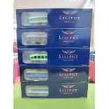 Five Boxed Liliput H.O Gauge Continental Outline Railway Carriages, various Deutshe Bundesbahn