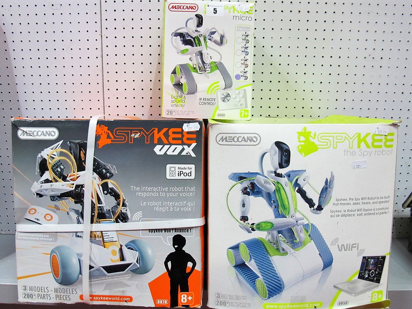 Three Boxed Meccano Spykee Interactive Robots, #08710 Spykee Vox, #0850 Spykee The Spy Robot, #