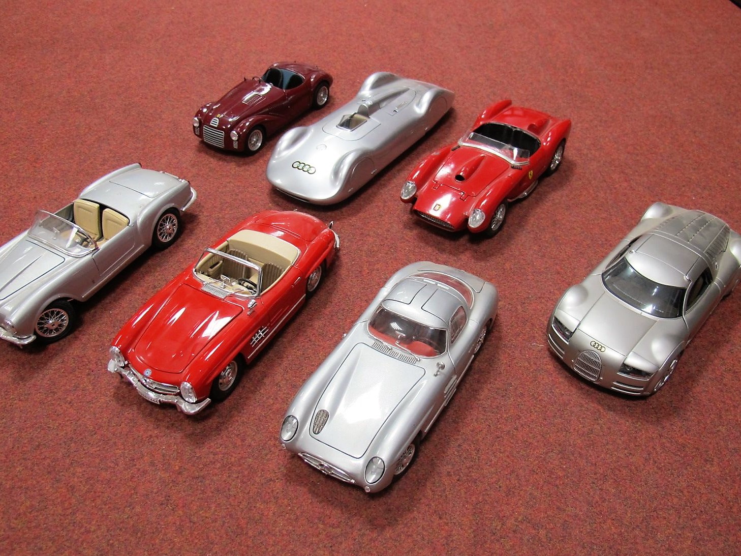 Seven 1:18th Scale Highly Detailed Diecast Model Cars, by Revell, Hot Wheels, Maisto and Burago.