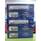 Five Boxed Liliput H.O Guage Continental Outline Railway Carriages, two #L328601, Deutsche