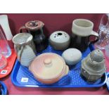 A Leach Pottery Lidded Pot, base impressed "Muchelney", Aylesford pottery coffee jug, and other