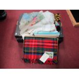 Embroidered, Crochet and Other Linens, voile table runners etc:- One Box; together with a tartan