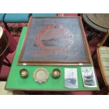 HMS Conway Interest, A Framed Leather Crest, 54 x 58cms, three pieces of Crested Ware, an ashtray