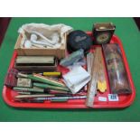 Wooden Folding Rulers, pens, glass lantern slides, pin box, clay pipes, clock, etc:- One Tray