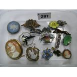 Hjaltasteyn Scottish Silver Brooch, cameos, Wedgwood Jasperware, enamel shell brooch stamped "