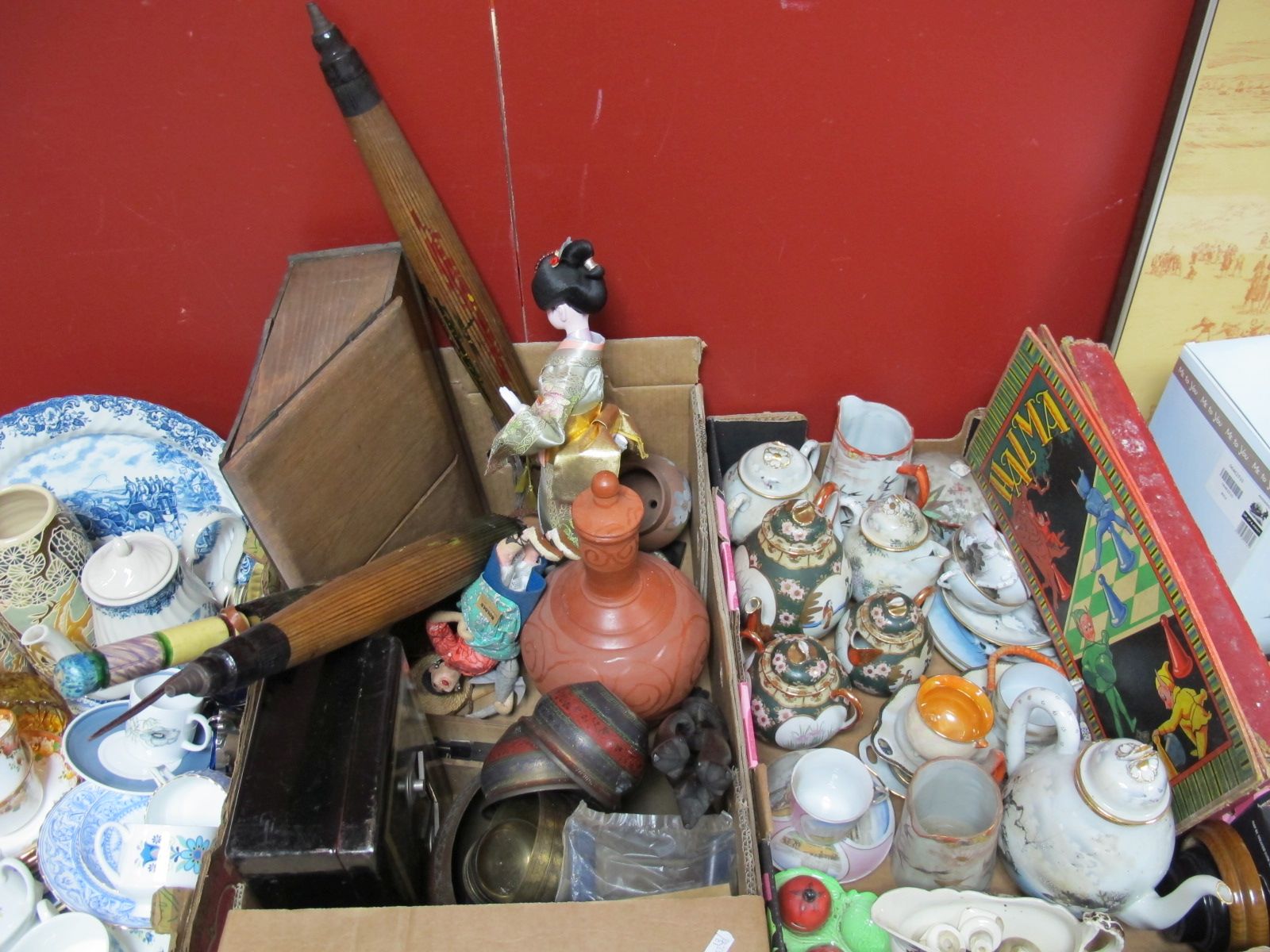 Middle Eastern Brassware, pottery, costume dolls, metal cash tin, game of 'Halma', oriental