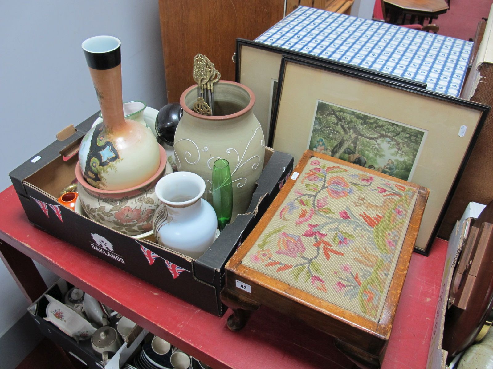 Stoneware Vase, glass vases, Doulton vase, Poole pin dish etc:- One Box, together with two