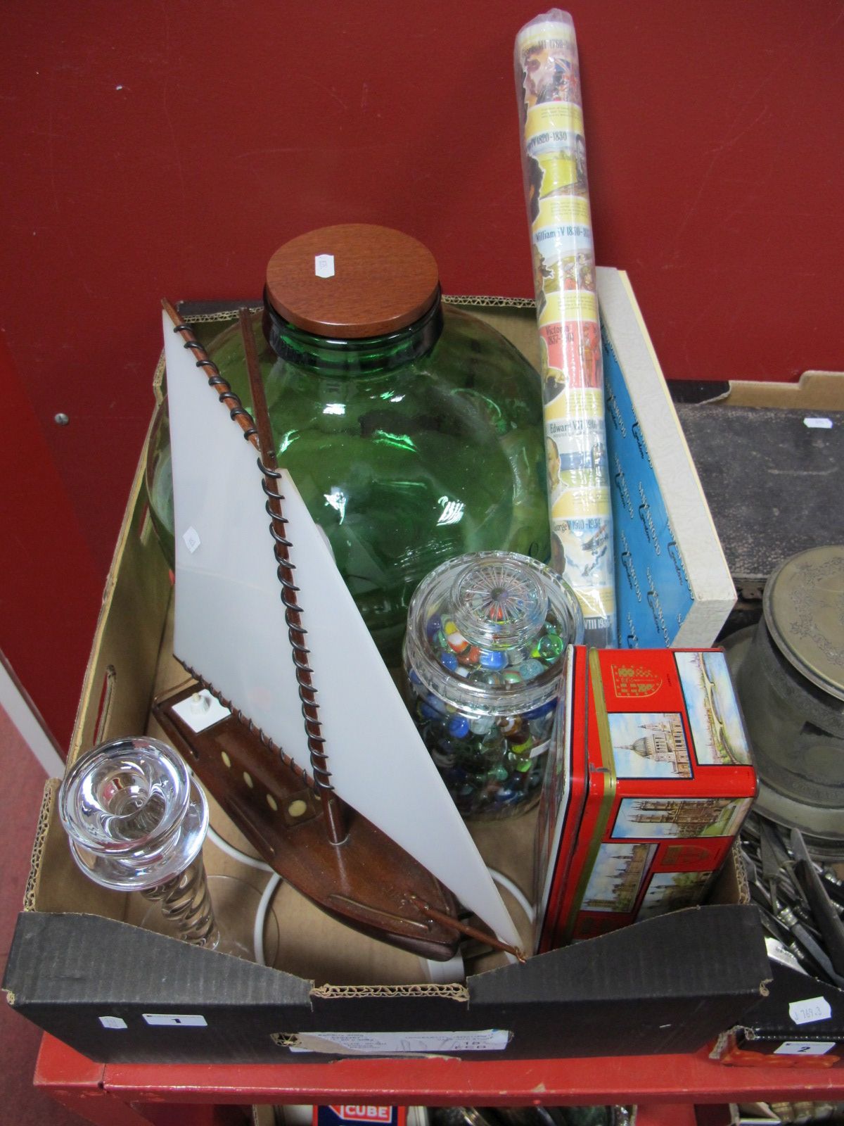 Marbles, carboy, Sanenwood bread board and knife (boxed), mahogany lamp as a yacht,