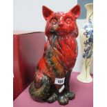 Royal Doulton Veined Flambé Model of a Seated Cat, black printed mark, initialed PD, 28cm high.
