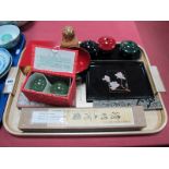 Chinese Medicine Balls, scroll, lacquered pots, Russian dolls, etc:- One Tray