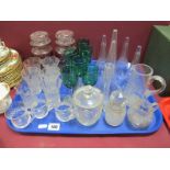 A Set of Four Epergne Flutes, turquoise stem glass, honey pot etc:- One Tray