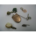 A Locket Pendant, of shield shape, a cameo stickpin, four leaf clover brooch, etc.