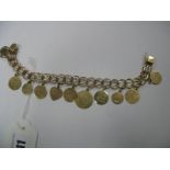 A Fancy Link Bracelet, to snap clasp stamped "10k", suspending "10k", 9ct gold and other disc