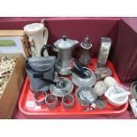 A Kanenbeer Jug, pewter tea service, pens, napkins rings, etc:- One Box