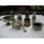 A Hallmarked Silver Three Piece Cruet Set, together with an EPNS cruet, pill box, etc.