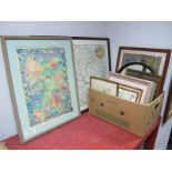 A Quantity of Prints, painting on fabric, needlework, map, mirror, etc.