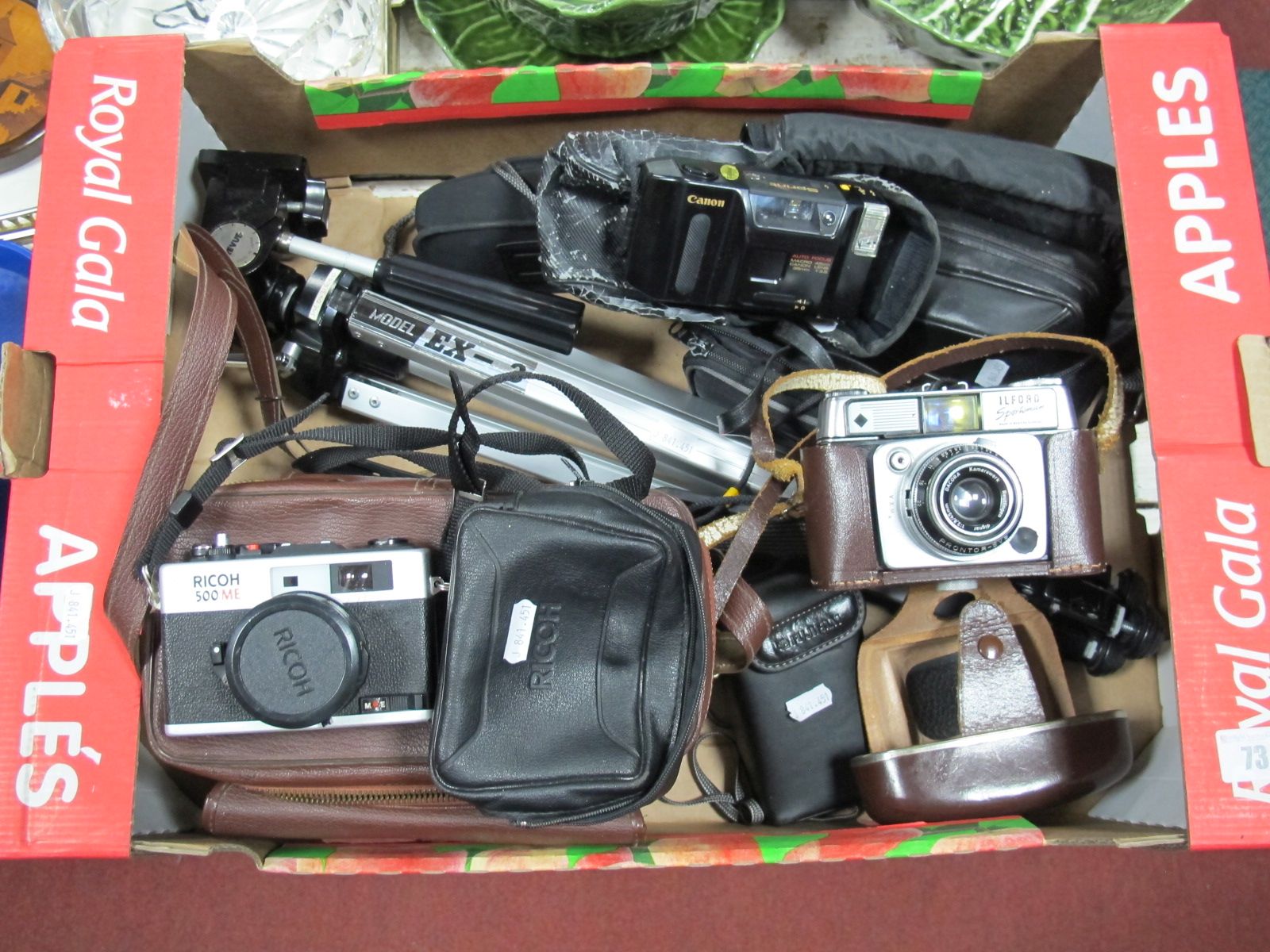 A Cased Ricoh 500 ME 35mm Film Camera 40mm F2.8 Lens, Ilford Sportsman 35mm film camera, cased